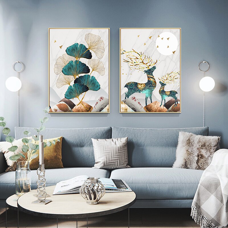 Nordic Abstract Landschap Herten Decor Muur Poster Goud Elanden Blad Canvas Interieur Schilderijen Op De Muur Art Foto 'S Voor Kamer thuis