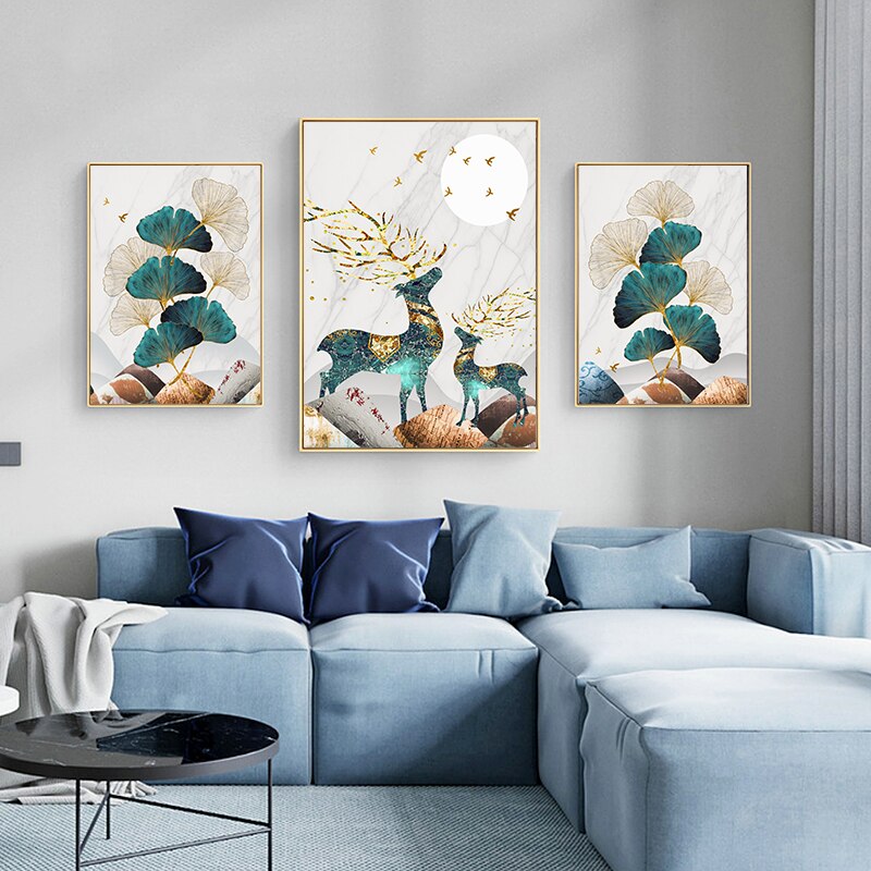 Nordic Abstract Landschap Herten Decor Muur Poster Goud Elanden Blad Canvas Interieur Schilderijen Op De Muur Art Foto 'S Voor Kamer thuis