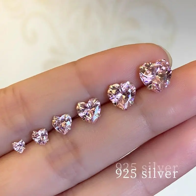 S925 Sterling Zilver Zirkoon Oorbellen Roze Hart Oorbellen Eenvoudige Veelzijdige Compacte Temperament Sprankelende Diamant Oor Bot Nagel