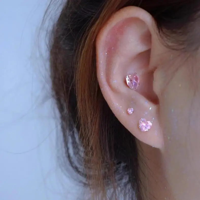 S925 Sterling Zilver Zirkoon Oorbellen Roze Hart Oorbellen Eenvoudige Veelzijdige Compacte Temperament Sprankelende Diamant Oor Bot Nagel