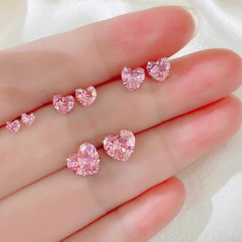 S925 Sterling Zilver Zirkoon Oorbellen Roze Hart Oorbellen Eenvoudige Veelzijdige Compacte Temperament Sprankelende Diamant Oor Bot Nagel