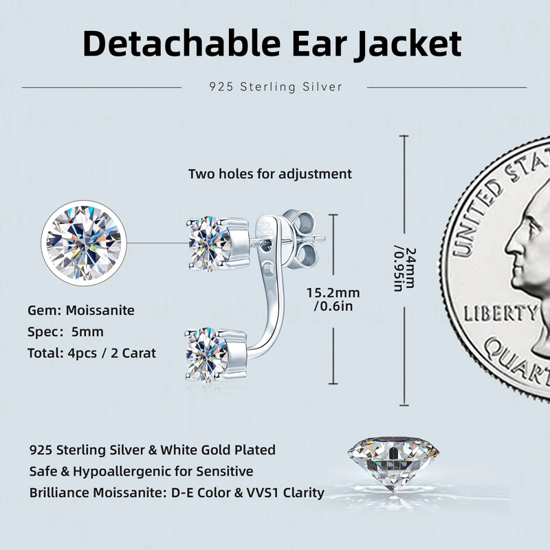 Nieuwe Oorknopjes 5Mm D Kleur Moissanite Drop Voor Vrouwen Echt 925 Zilver Piercing Sieraden Certificaat Voor En Achter Dual Purpose