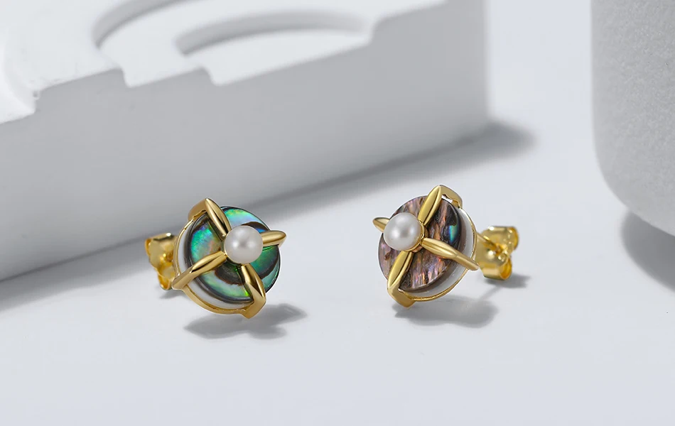 Kus Mandy S925 Zilver Natuurlijke Zoetwater Parel Abalone Shell Oorknopjes Voor Vrouwen 14K Gouden Mode Oor Stud Sieraden Gpe25