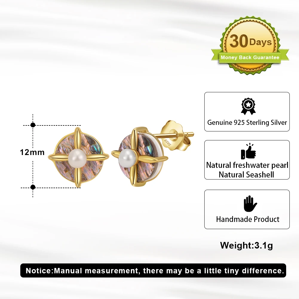Kus Mandy S925 Zilver Natuurlijke Zoetwater Parel Abalone Shell Oorknopjes Voor Vrouwen 14K Gouden Mode Oor Stud Sieraden Gpe25
