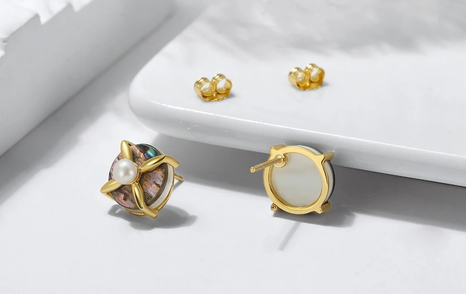 Kus Mandy S925 Zilver Natuurlijke Zoetwater Parel Abalone Shell Oorknopjes Voor Vrouwen 14K Gouden Mode Oor Stud Sieraden Gpe25