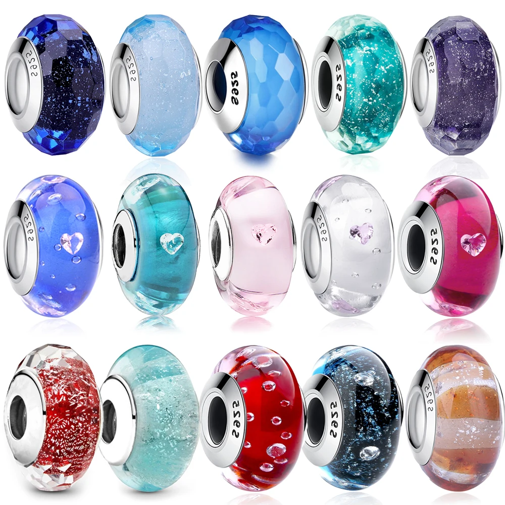 Nieuwe 925 Sterling Zilveren Kleurrijke Hart Murano Glas Charme Fit Pandora Armband Ketting Facetted Murano Glas Diy Fijne Sieraden