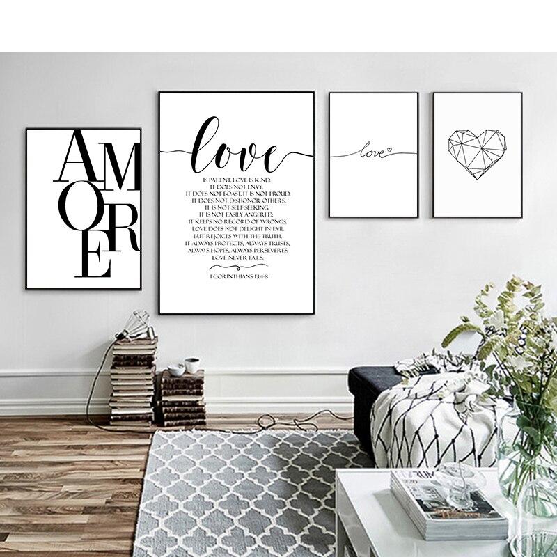 Scandinavische Stijl Liefde Poster Zwart En Wit Canvas Schilderij Amore Muur Foto 'S Voor Woonkamer Nordic Decoratie Thuis Kunst