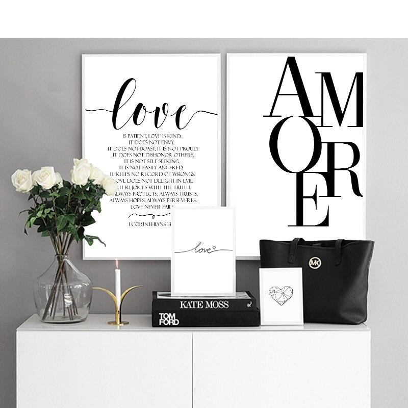 Scandinavische Stijl Liefde Poster Zwart En Wit Canvas Schilderij Amore Muur Foto 'S Voor Woonkamer Nordic Decoratie Thuis Kunst
